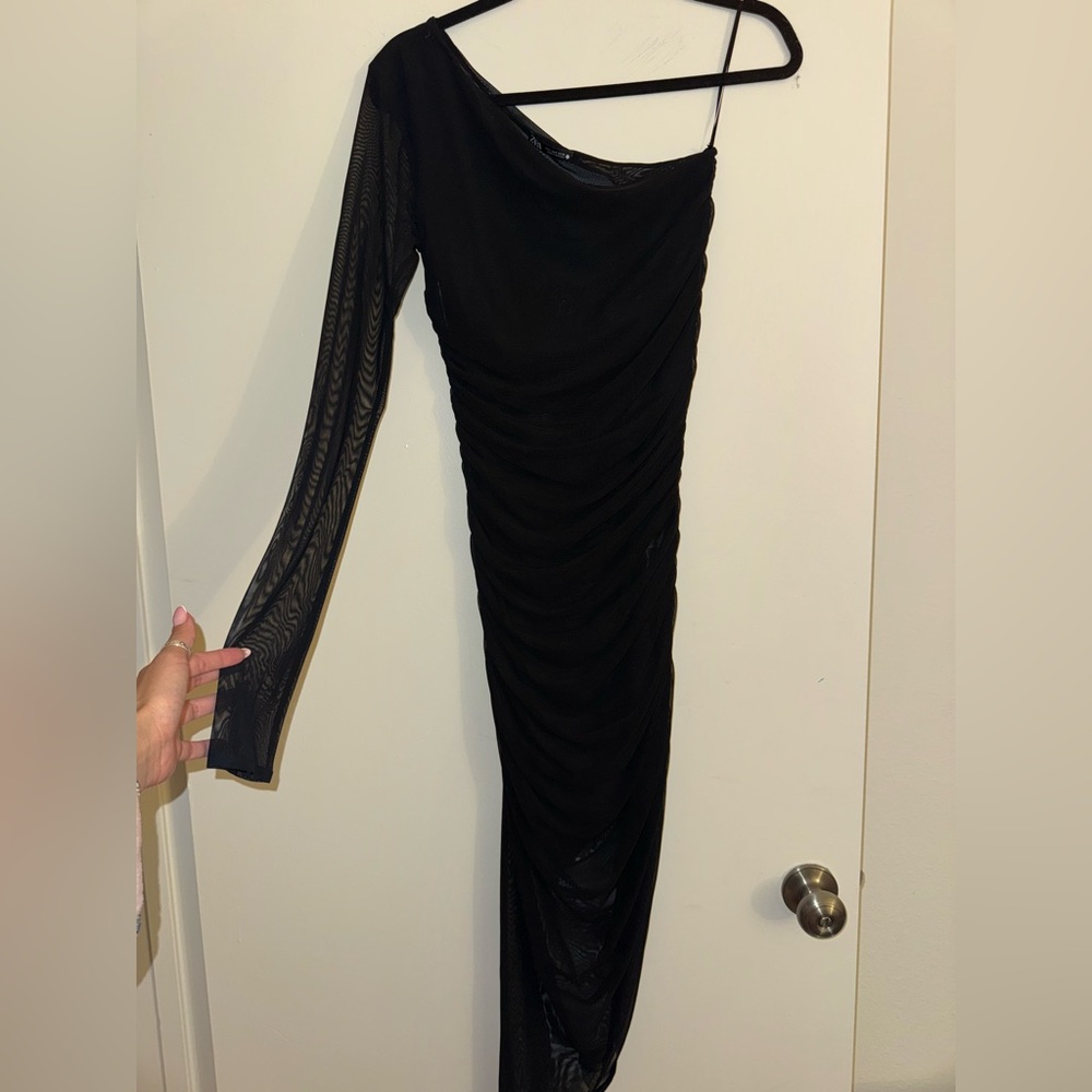 Zara Elegant Black Mesh One Sleeve Midi/maxi Dress